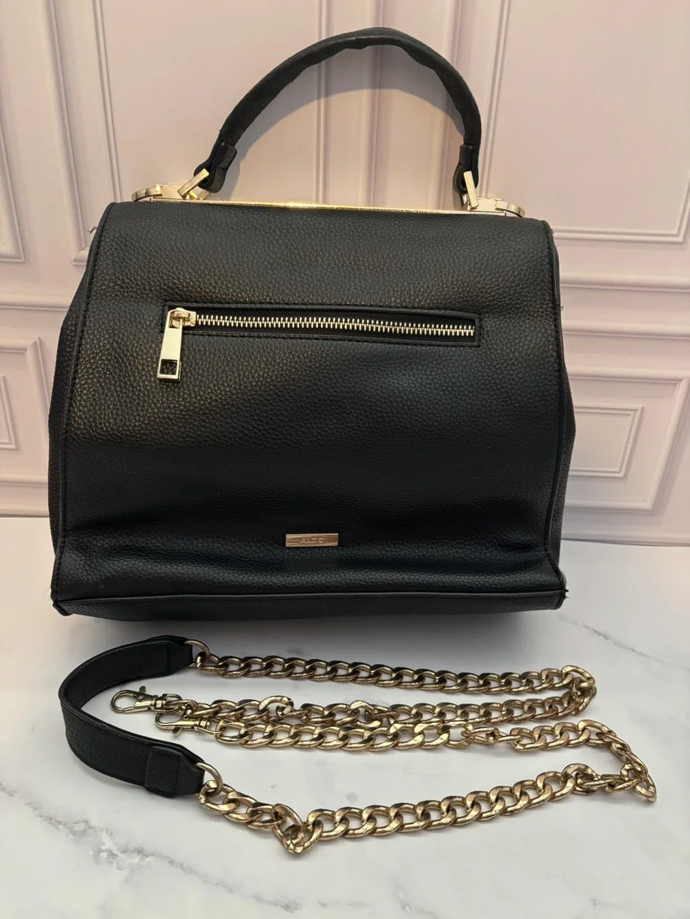ALDO BLACK HANDBAG PURSE PATCHES EUROLINE-98 REMOVABLE CROSSBODY CHAIN